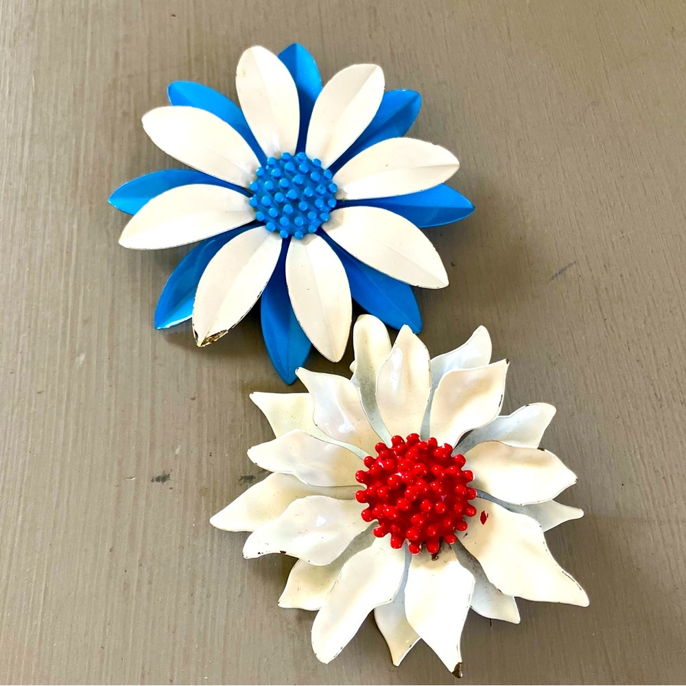 Two Vintage Enamel Brooch Flower Pins